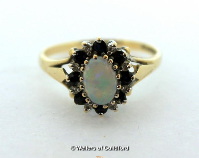 9ct Yellow Gold Opal Diamond Sapphire Cluster Ring 2.7g, Size O, Full hallmark