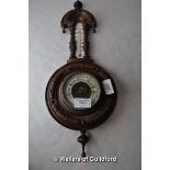 A Victorian mahogany framed aneroid barometer/thermometer; a 1960's barometer/thermometer/storm