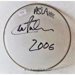 ASIA - Carl Palmer Signed snare drum skin in 2006, Signed for a charity auction to help retired race