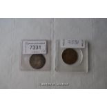 George III (1760-1820) two coins; 1787 shilling (drill hole) and 1701 and spade guinea 1701