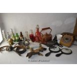 A quantity of bric-a-brac including a copper teapot, pewter candlestick, monkey glove puppet, pair