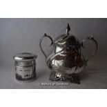 *Silvered tea caddy with Niello decoration and James Dixon silver plate twin-handled pot, scroll and