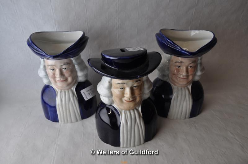 Wood & Sons money box modelled as a Quaker, with pair of matching milk jugs.