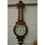 A Victorian walnut banjo aneroid barometer with thermometer, 89cm.