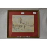 A.W. Daniels, Soldiers at the Ruins of The Cloth Hall, Ypres, watercolour, inscribed "To '