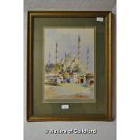 The Blue Mosque, Istanbul, watercolour, signed indistinctly, 41 x 29cm.