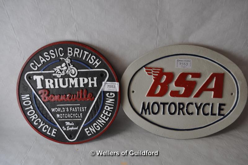 *Two reproduction cast iron signs; "Triumph Bonneville" and "BSA Motorcycle" (Lot subject to VAT)