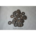 Thirty old Chinese coins.