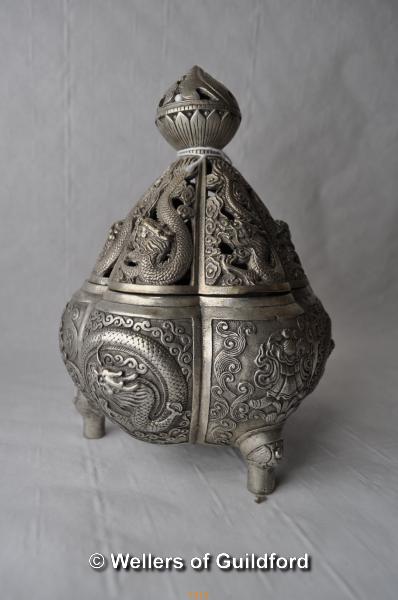 A Chinese white metal censor and cover with pierced dragon decoration, 18cm.