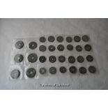 Thirty old Chinese coins.