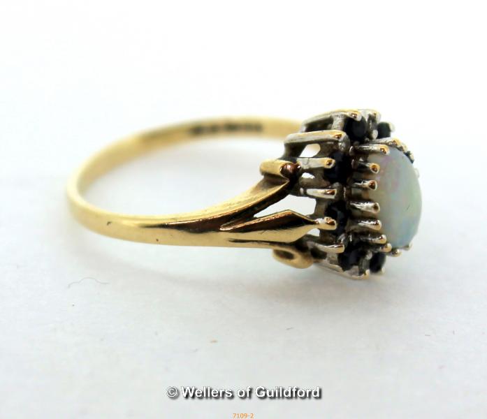 9ct Yellow Gold Opal Diamond Sapphire Cluster Ring 2.7g, Size O, Full hallmark - Image 2 of 2