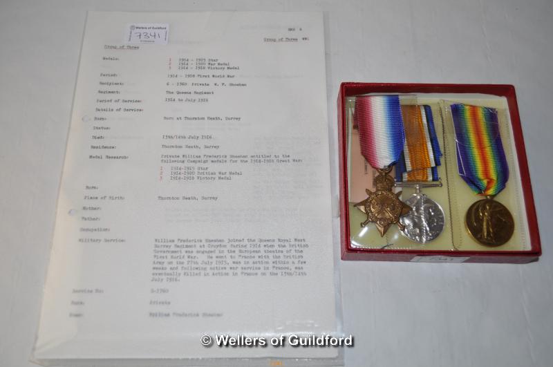 Three WW1 medals to Private W.F. Sheehan comprising war medal, 1914-15 star and Victory medal,