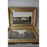 Pair of oil on canvases, river and forest scapes, in ornate gilt frame, 45 x 30cm