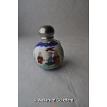 A Chinese porcelain globular scent bottle with silver plated top.