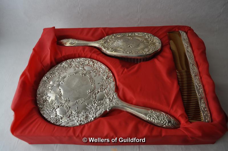 *Silver plate dressing table set comprising mirror and brush (Lot subject to VAT)