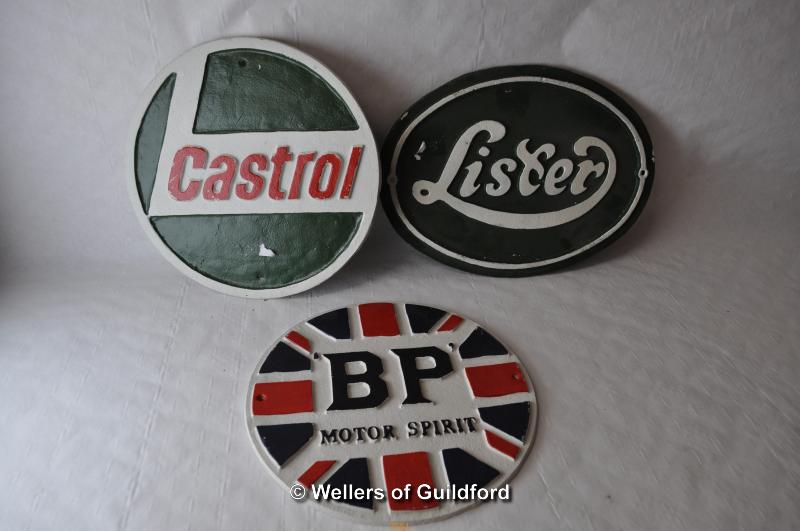 *Three reproduction cast iron signs; "Castrol", "Lister" and "BP Motor Spirit" (Lot subject to VAT)