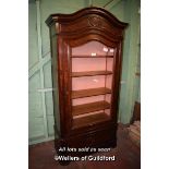 19TH CENTURY CONTINENTAL MAHOGANY VITRINE WITH GLASS DOOR ENCLOSING SHELVES OVER A DRAWER TO THE