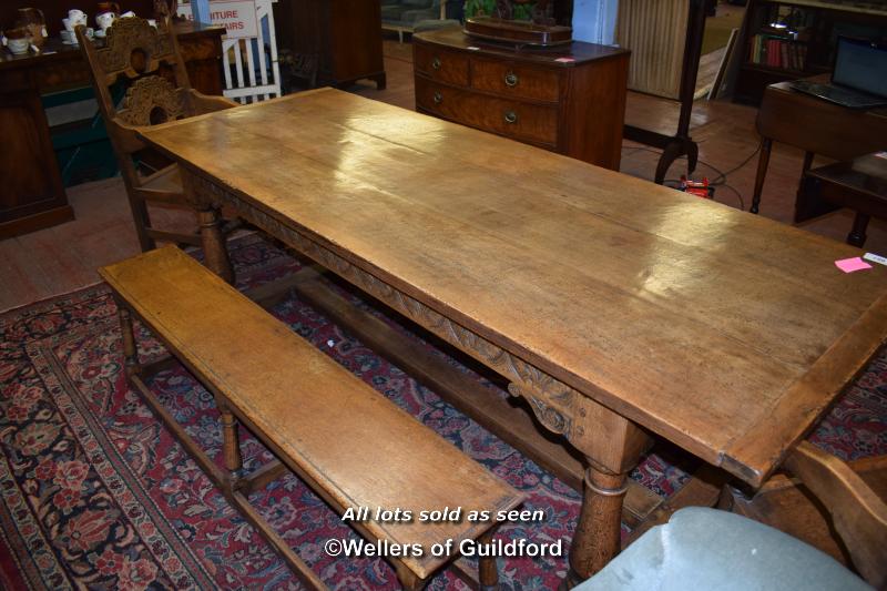 PLANK TOP OAK REFECTORY TABLE WITH CLEATED ENDS, RAISED ON TURNED STRETCHERED SUPPORT, 243CM X 88CM, - Image 5 of 5