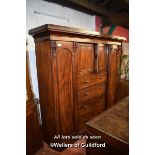 VICTORIAN MAHOGANY TRIPLE WARDROBE, CENTRAL SECTION WITH PAIR OF DOORS OVER DRAWERS, FLANKED BY