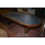 ART DECO OVAL WALNUT BOARDROOM TABLE WITH INSET LEATHERETTE TOP, 271CM X 123CM