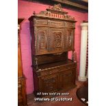 19TH CENTURY CONTINENTAL OAK COURT CUPBOARD, ORNATELY CARVED ALL OVER WITH FIGURES IN LANDSCAPES,