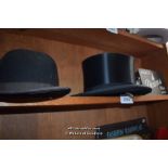 LARGE BLACK SILK TOP HAT; BOWLER HAT; ETC