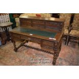 VICTORIAN OAK KNEE HOLE DESK, THE SUPER STRUCTURE WITH SIX SMALL DRAWERS, INSET WRITING SURFACE OVER