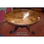 VICTORIAN WALNUT CIRCULAR TILT TOP BREAKFAST TABLE ON CENTRE PEDESTAL SUPPORT ENDING IN BOLD