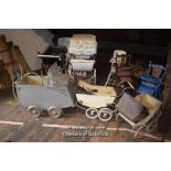 LARGE QUANTITY OF VINTAGE AND ANTIQUE PRAMS, COT AND HIGH CHAIRS