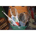CRATE CONTAINING A QUANTITY OF MIXED MODERN AND VINTAGE SPORTS EQUIPMENT INCLUDING TENNIS AND SQUASH