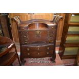 CHINESE HARDWOOD WRITING DESK WITH FALL FRONT ENCLOSING FITTED INTERIOR WITH TWO DRAWERS BELOW,