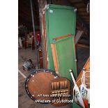 QUANTITY OF PART GAMES/SPORTS ITEMS INCLUDING SNOOKER TABLE TOPS AND DART BOARD