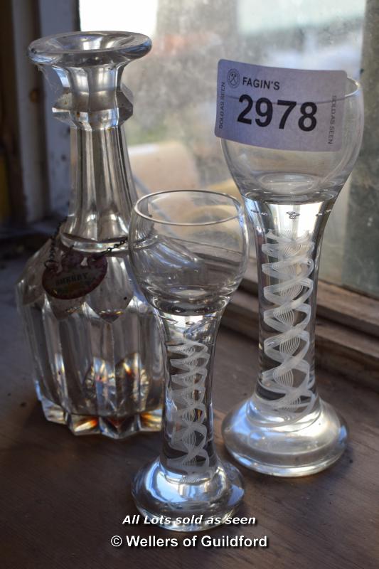 TWO SPIRAL TWIST DRINKING GLASSES AND OLD DECANTER