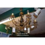 BRASS SIX BRANCH AND PENDANT DROP CANDELABRA