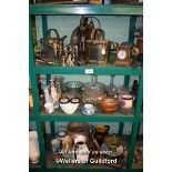 THREE SHELVES OF MIXED GLASS, BRASS AND PORCELAIN WARES
