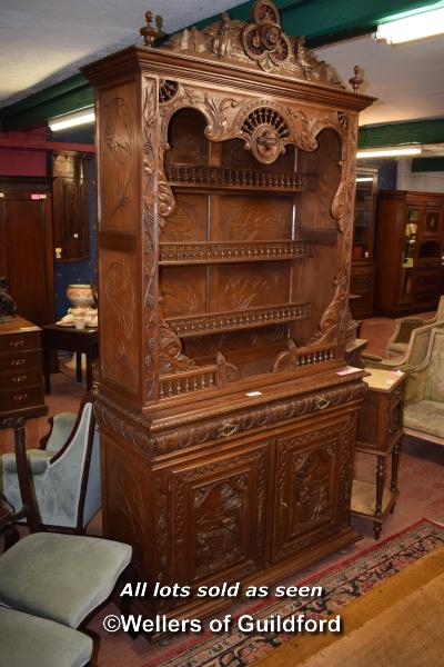 19TH CENTURY CARVED OAK DRESSER/CABINET WITH SEMI-ENCLOSED SHELVES OVER TWO FRIEZE DRAWERS WITH