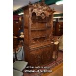19TH CENTURY CARVED OAK DRESSER/CABINET WITH SEMI-ENCLOSED SHELVES OVER TWO FRIEZE DRAWERS WITH