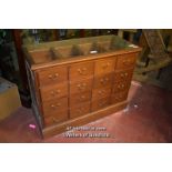 SMALL SHOP COUNTER WITH FOUR BANKS OF FOUR DRAWERS, 92CM X 122CM X 53CM
