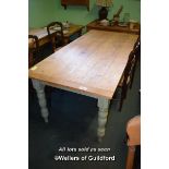 PINE PLANK TOP KITCHEN TABLE ON TURNED SUPPORTS, 199CM X 93CM