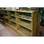 A LARGE PAIR OF LOW PINE BOOKCASES, 275CM WIDE.