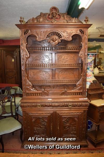 19TH CENTURY CARVED OAK DRESSER/CABINET WITH SEMI-ENCLOSED SHELVES OVER TWO FRIEZE DRAWERS WITH - Image 2 of 5