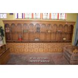 VERY LARGE PINE DISPLAY UNIT WITH OPEN SHELVING OVER FIFTY SMALL CHEMIST DRAWERS, 186CM X 390CM