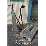 STONE PLINTH AND TWO GRANITE BLOCKS