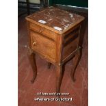 CONTINENTAL MAHOGANY BEDSIDE CUPBOARD WITH INSET ROUGE MARBLE TOP OVER SINGLE DRAWER WITH CUPBOARD