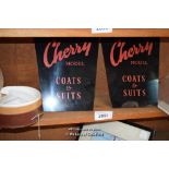 LEATHER COLLAR BOX; TWO CHERRY COATS AND SUITS ADVERTISING PLAQUES; CHARNOS TIGHTS