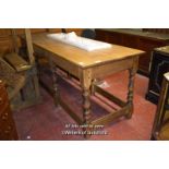 LARGE OAK CHURCH ALTAR TABLE ON TURNED STRETCHERED SUPPORTS, 101CM X 303CM X 92CM