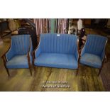 EDWARDIAN BEECH INLAID BLUE UPHOLSTERED LOUNGE SUITE COMPRISING A TWO SEATER SOFA AND TWO ARMCHAIRS