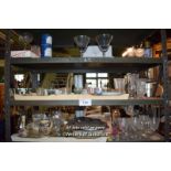 THREE SMALL SHELVES OF MIXED GLASSWARES