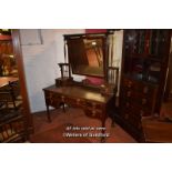 LATE VICTORIAN ARTS & CRAFTS EBONISED WOOD BEDROOM SUITE COMPRISING TRIPLE WARDROBE APPROX 220CM