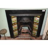 DECORATIVE CAST IRON FIRE INSERT WITH FLORAL TILES, 96CM X 96CM